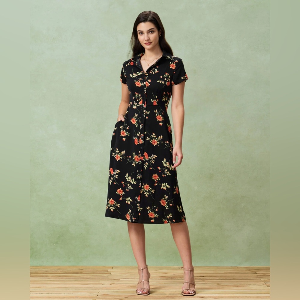 Rihoas Black Floral Button A-Line Midi Dress